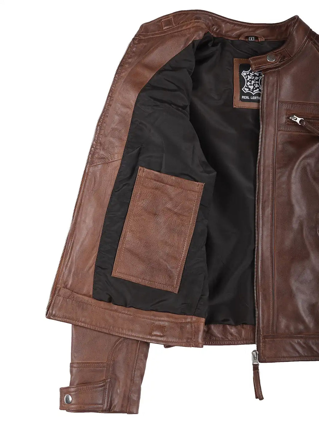 Johnson Women's Cognac Brown Cafe Racer Style Leather Jacket