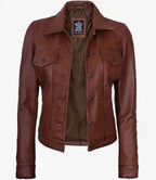 Fernando Womens Cognac Brown Leather Trucker Jacket
