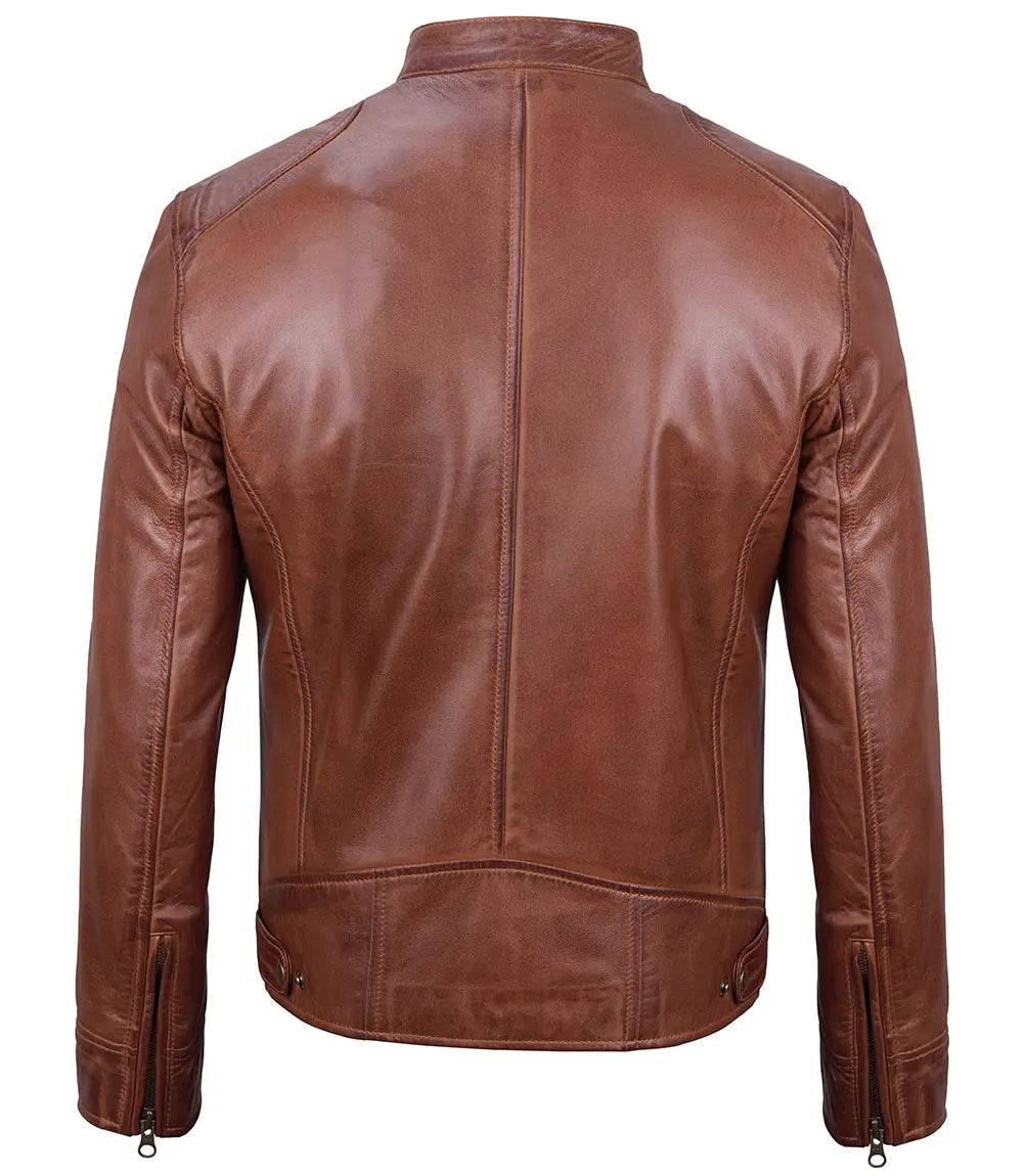 Tall Men's Cognac Brown Cafe Racer Leather Jacket