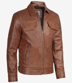 Men's Cognac Brown Lambskin Leather Jacket Shirt Collar