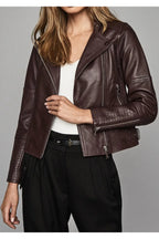 Sophia Cafe Racer Brown Leather Biker Jacket