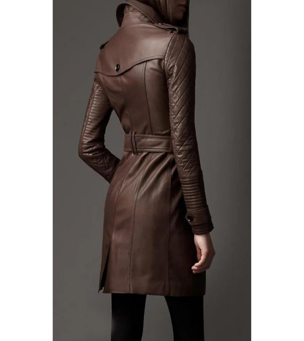 Elisha Double-Breasted Brown leather Trench Coat