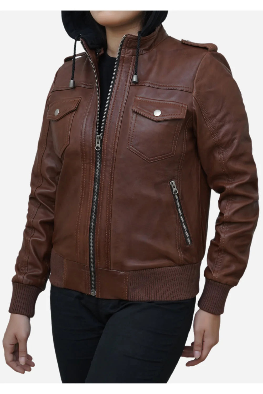 Amara Brown Hooded Leather Bomber Jacket