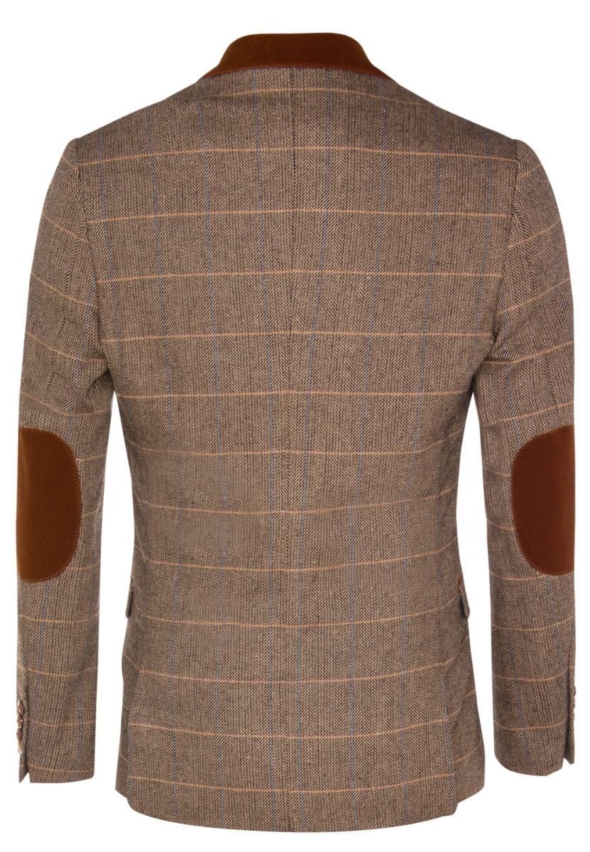 Marc Darcy Mens Tweed Blazer DX7 Tan Brown Check Herringbone Smart Formal Jacket
