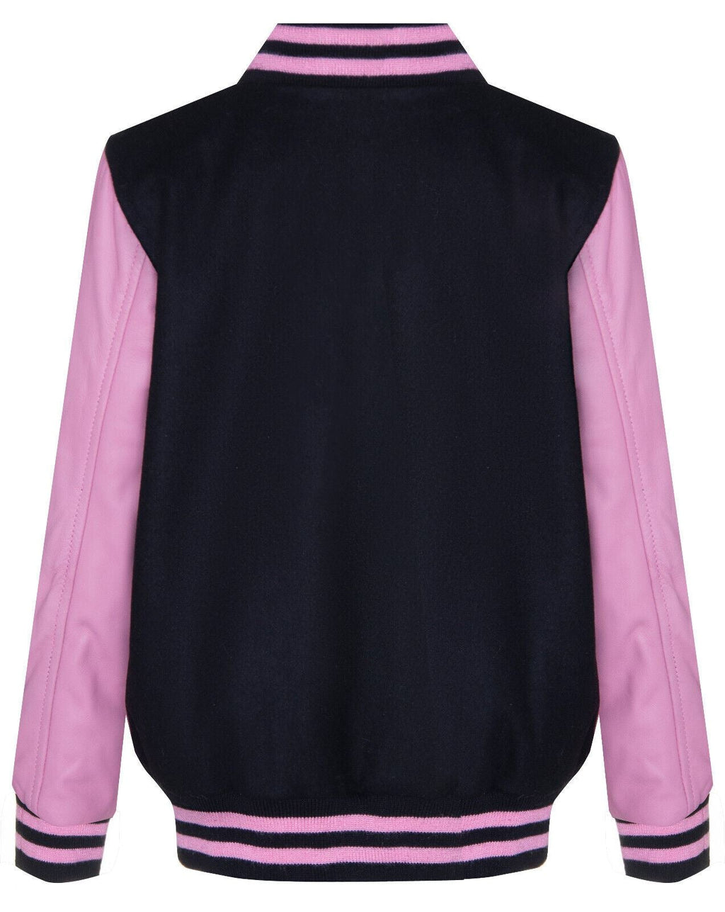 Kids Varsity Black & Pink Bomber Jacket with Real Leather Sleeves 3-13 yrs