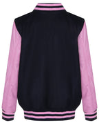 Kids Varsity Black & Pink Bomber Jacket with Real Leather Sleeves 3-13 yrs