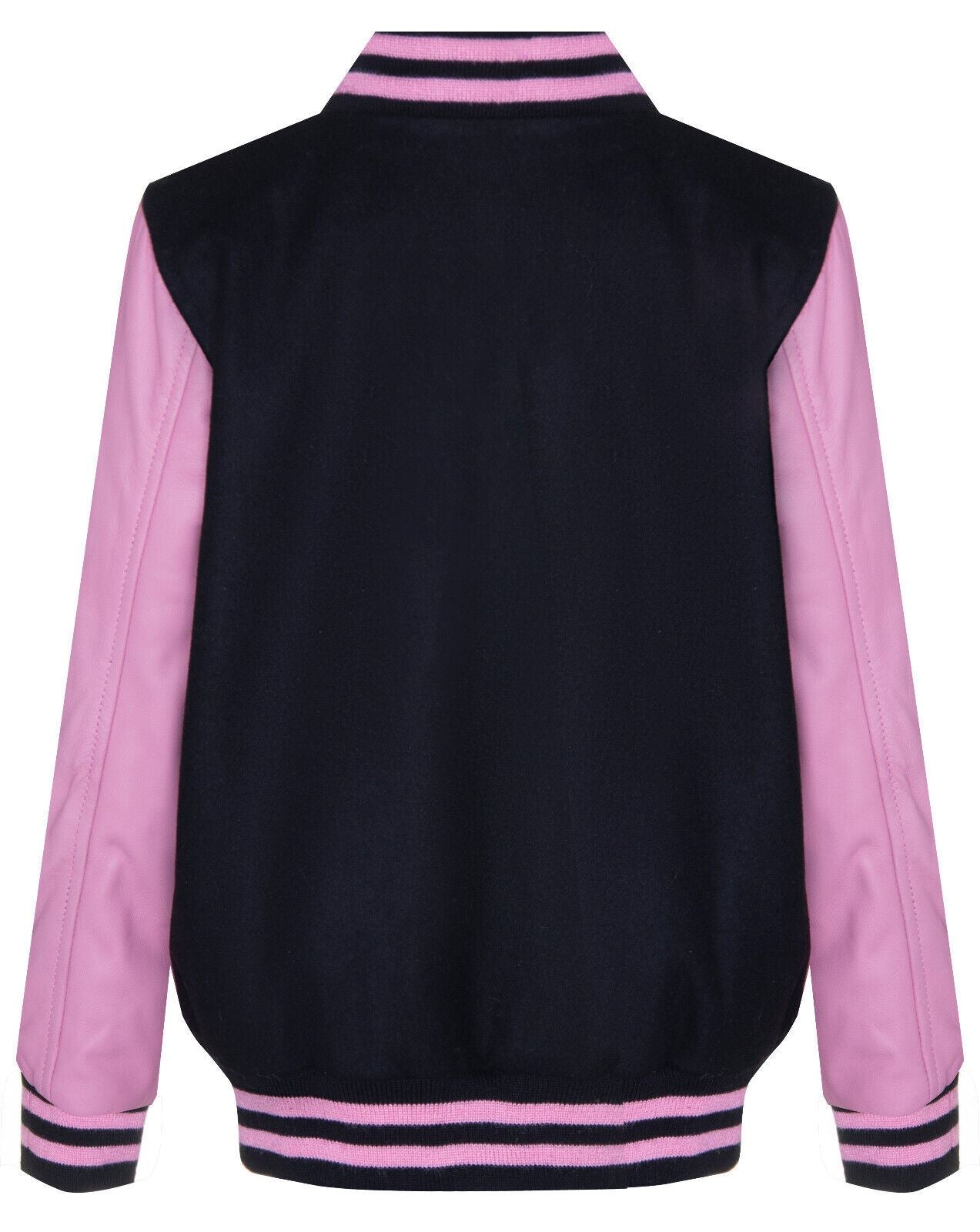 Kids Varsity Black & Pink Bomber Jacket with Real Leather Sleeves 3-13 yrs