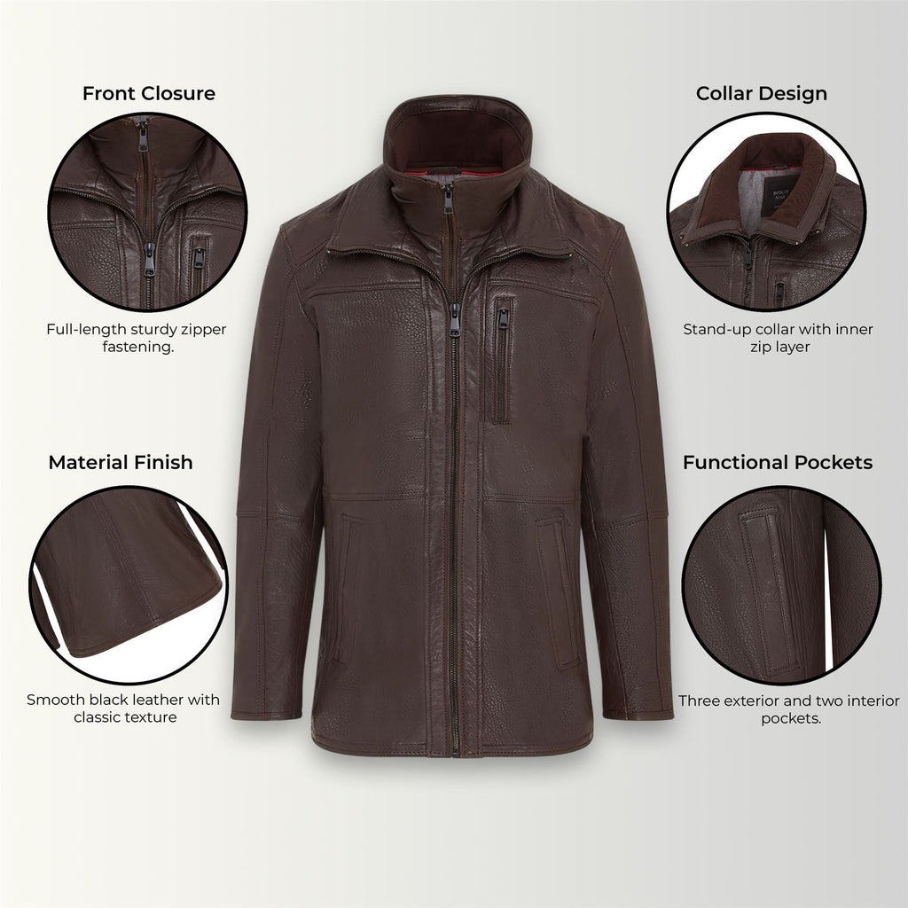 Mens Warm Mid-Length Leather Biker Coat - Sikander