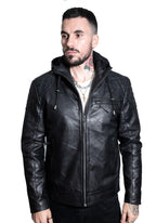 Mens Retro Hooded Leather Bomber Jacket-Zaria