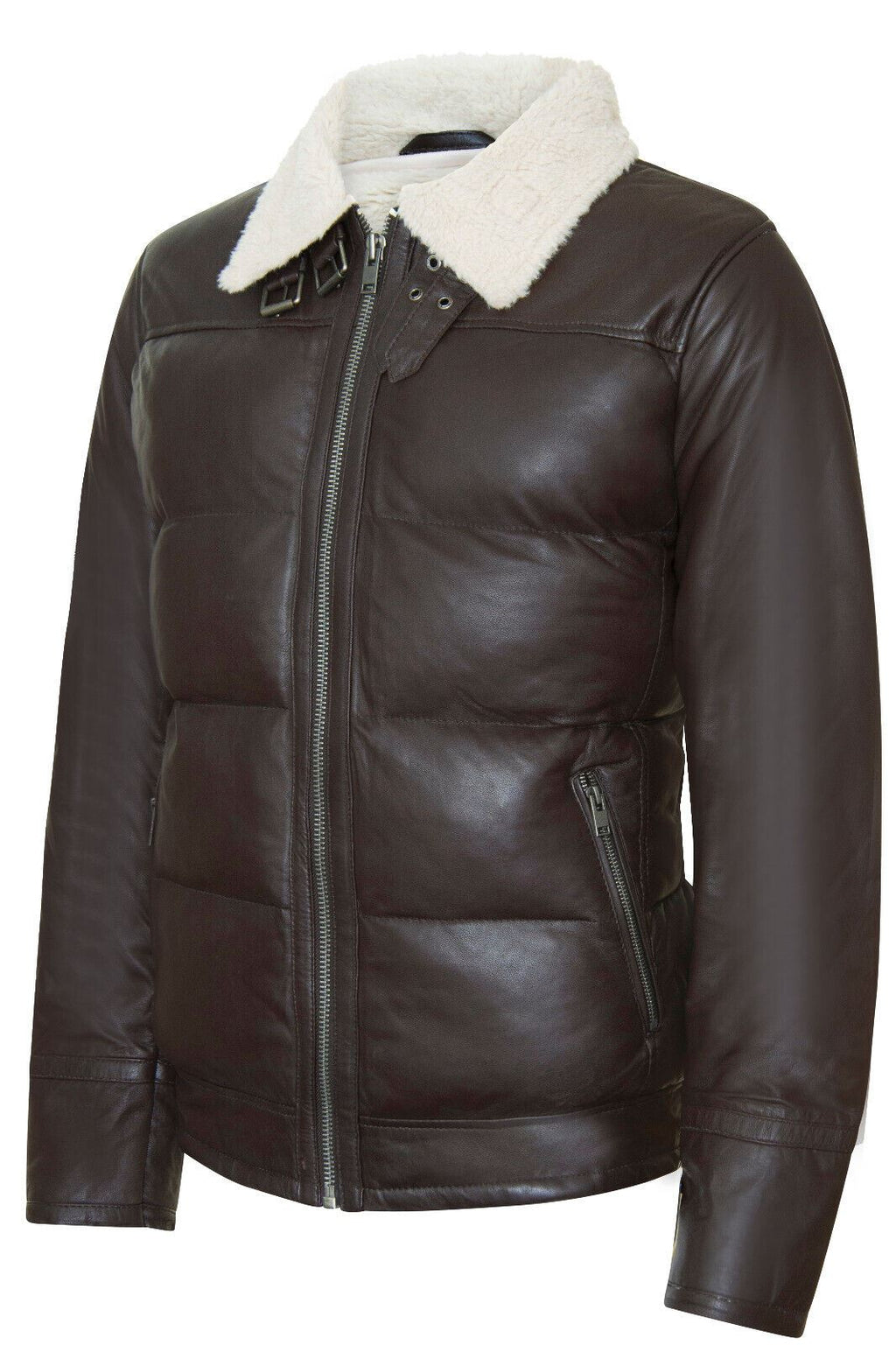 Men's Leather Quilted Biker Puffer Jacket - Brasília