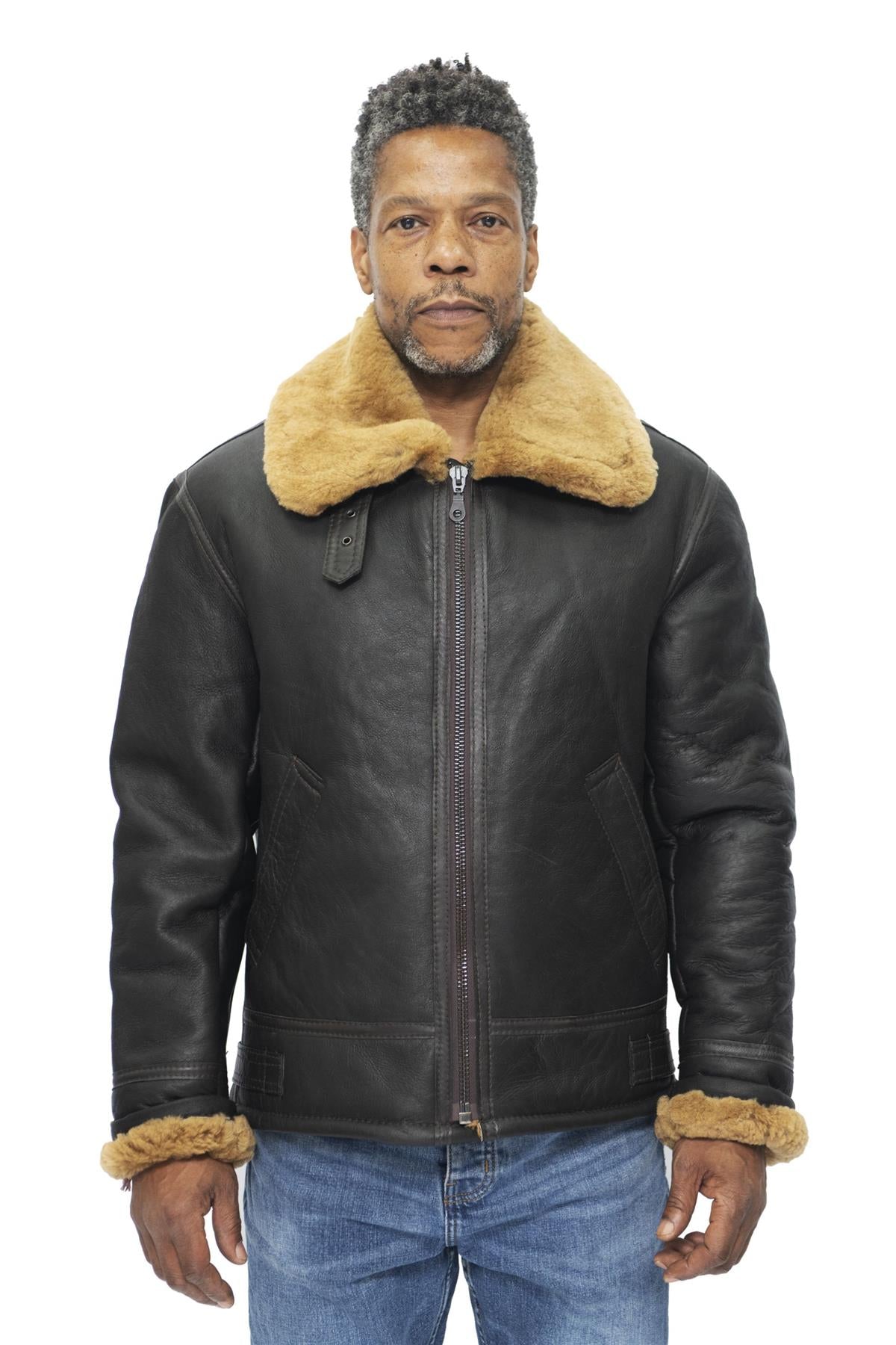 Mens B3 WW2 Leather Sheepskin Aviator Flying Jacket-Charleston