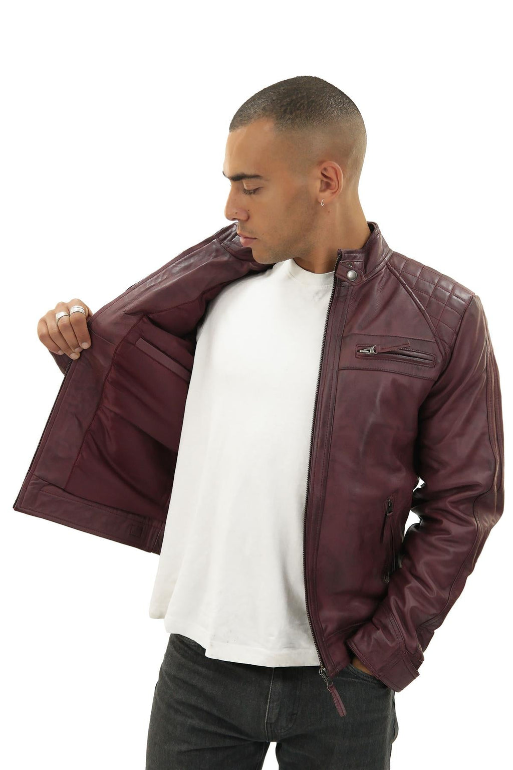 Men's Vintage Leather Quilted Biker Jacket-Monaco