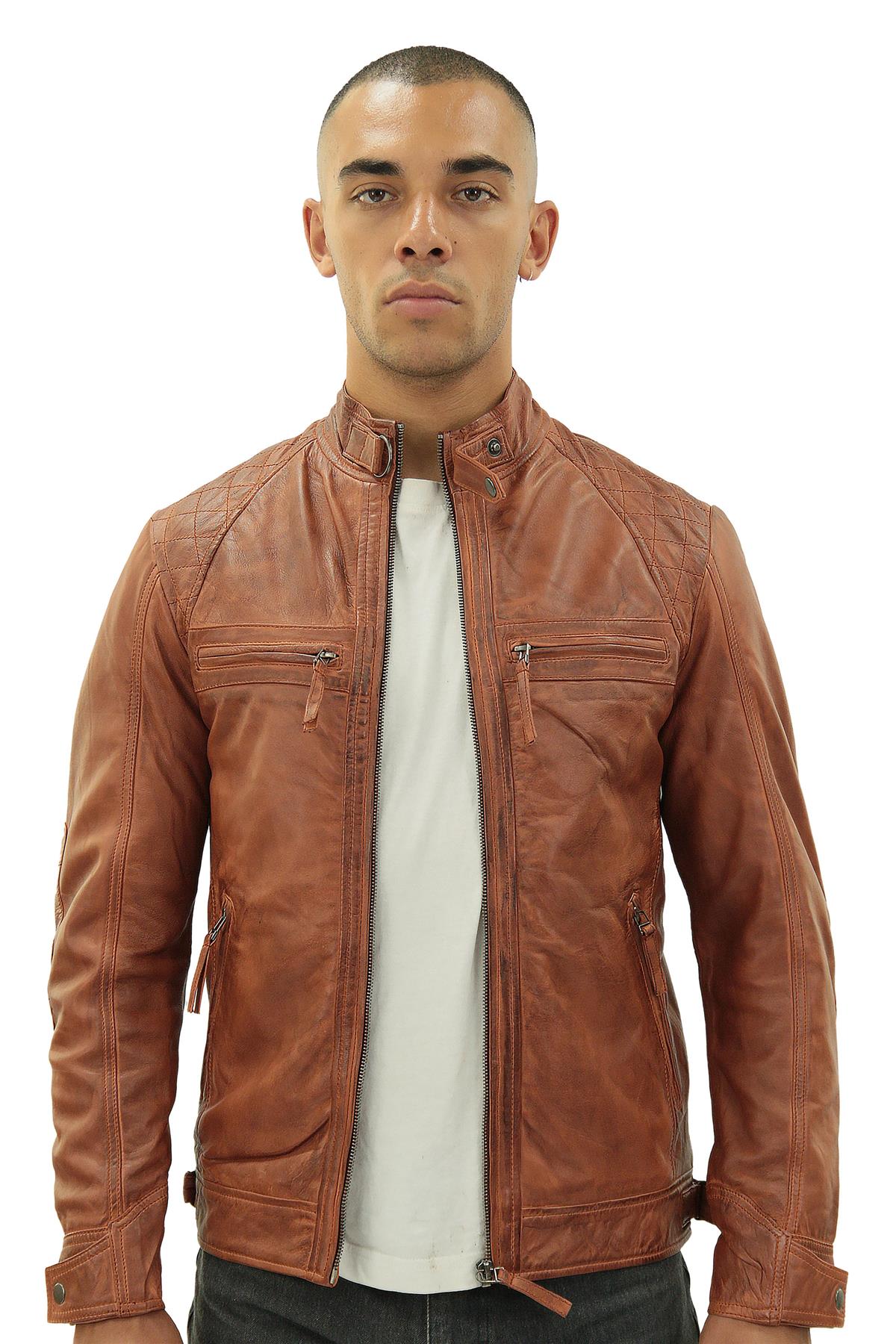 Men's Vintage Leather Quilted Biker Jacket-Monaco