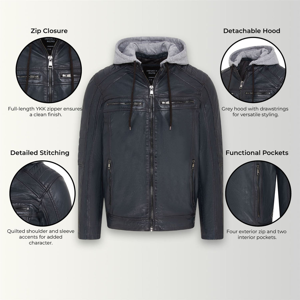 Men's Hooded Biker Lamb Leather Jacket - Burten