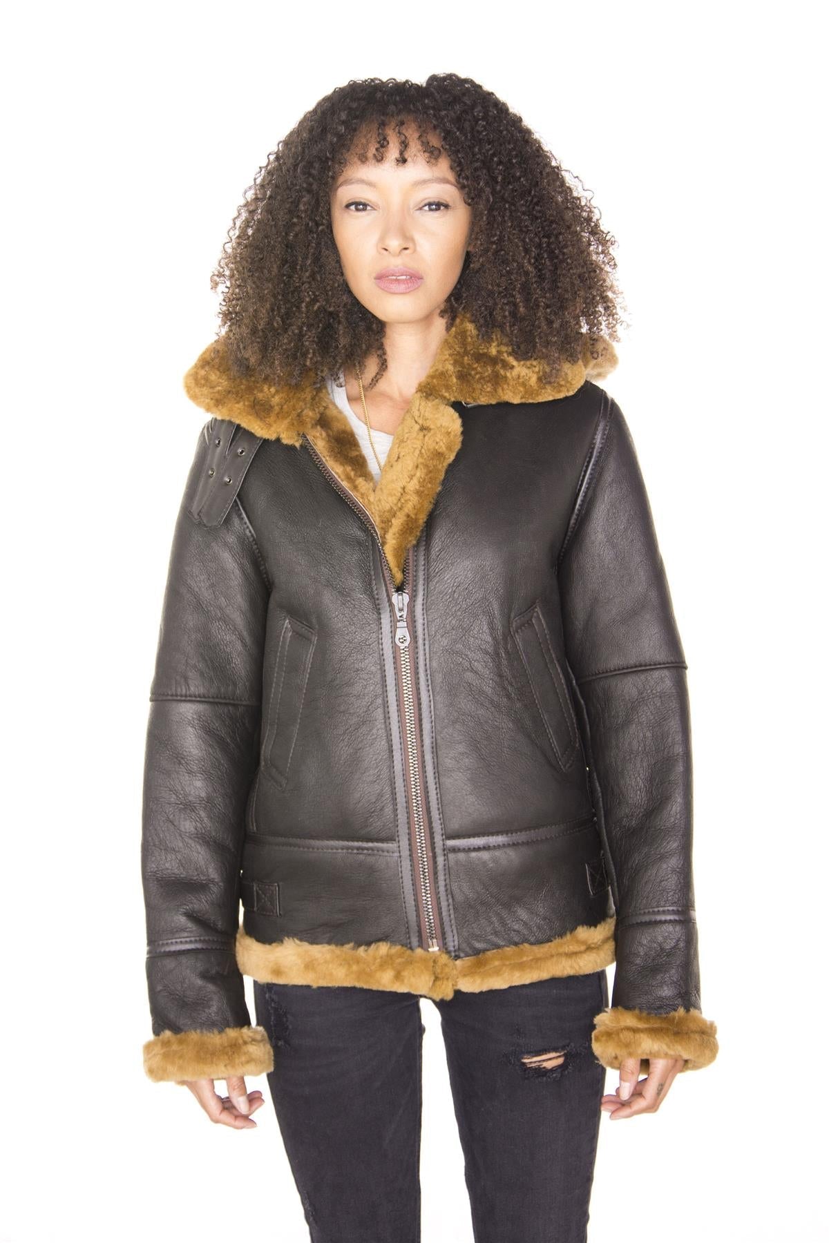 Womens Hooded Sheepskin Flying Leather Jacket-Palermo