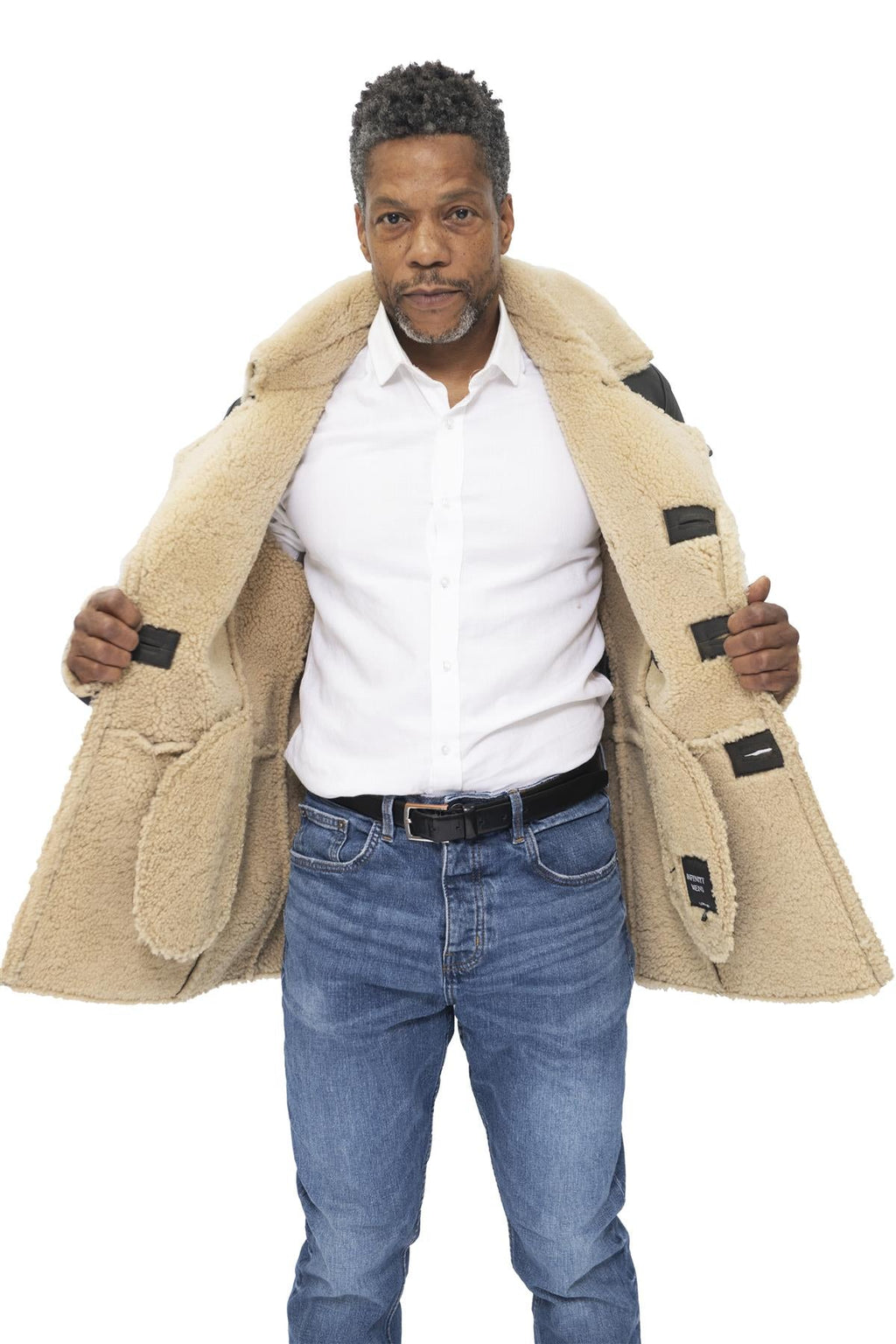 Mens Double Breasted Shearling Sheepskin Pea Coat-Valencia