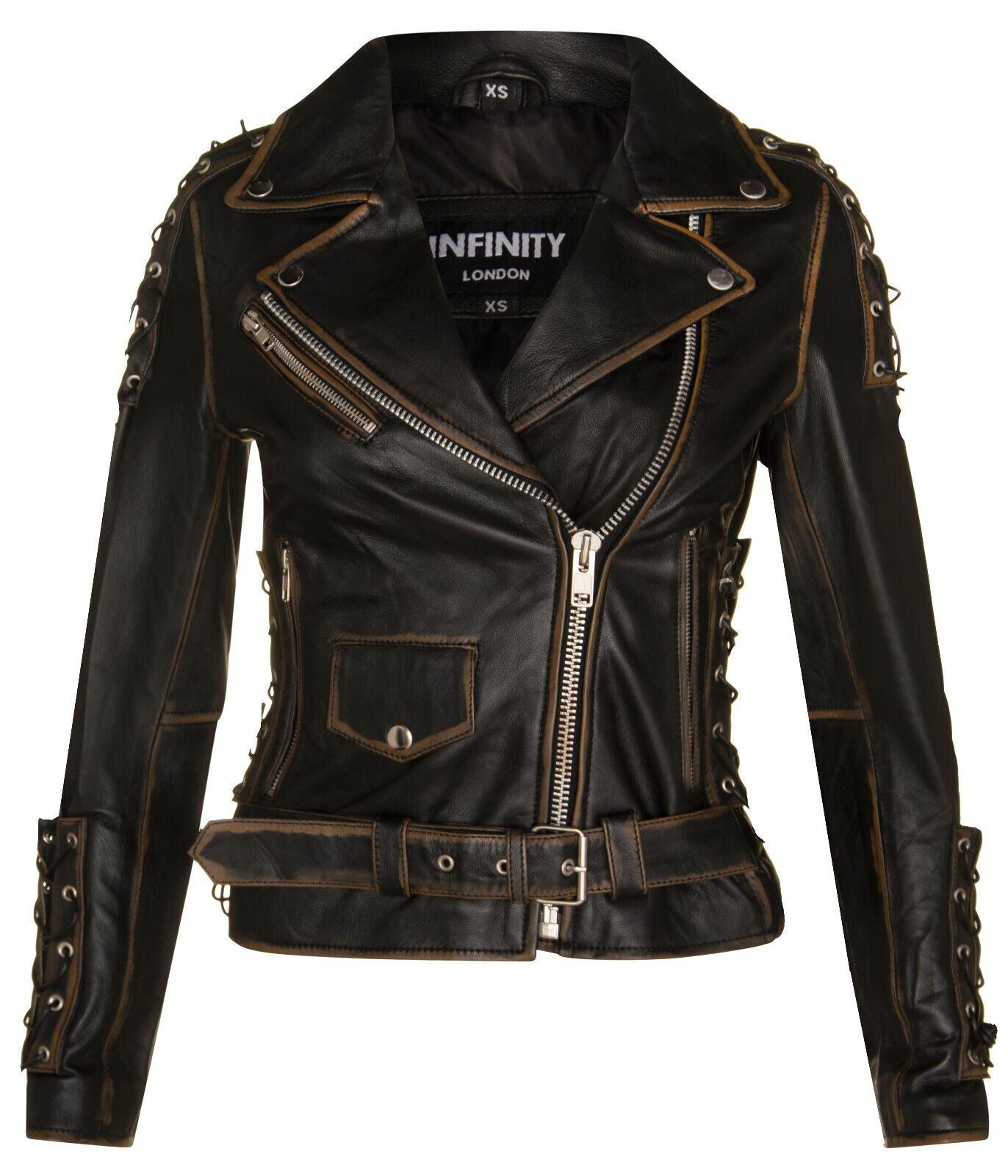 Womens Brando Black Leather Biker Jacket-Bari