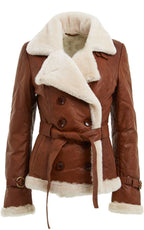 Womens Tan Double Breasted Sheepskin Aviator Jacket-Leshan