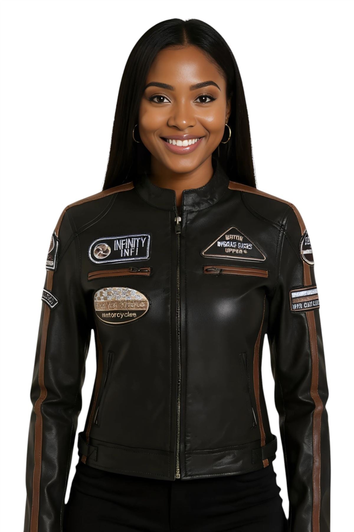 Womens Leather Biker Racing Badges Jacket-Agadir