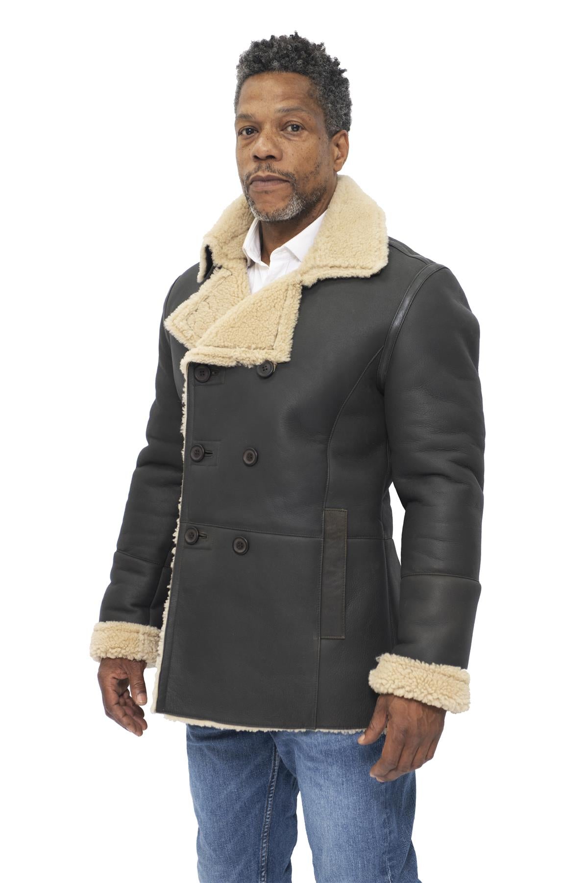 Mens Double Breasted Shearling Sheepskin Pea Coat-Valencia