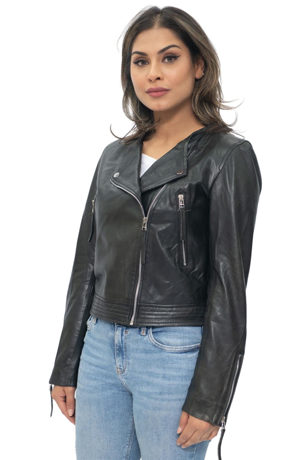 Womens Collarless Biker Jacket-Padova