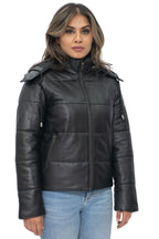 Womens Puffer Leather Bomber Jacket-Ajax