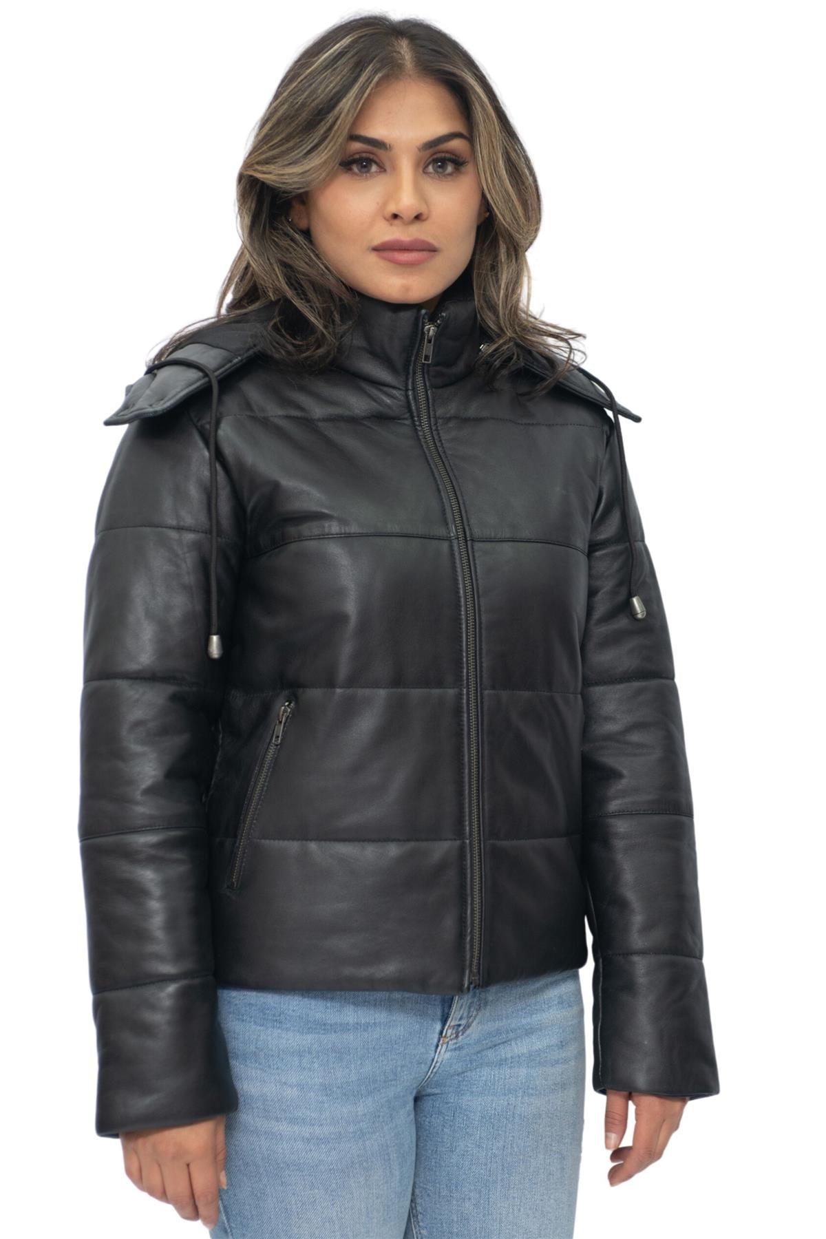 Womens Puffer Leather Bomber Jacket-Ajax