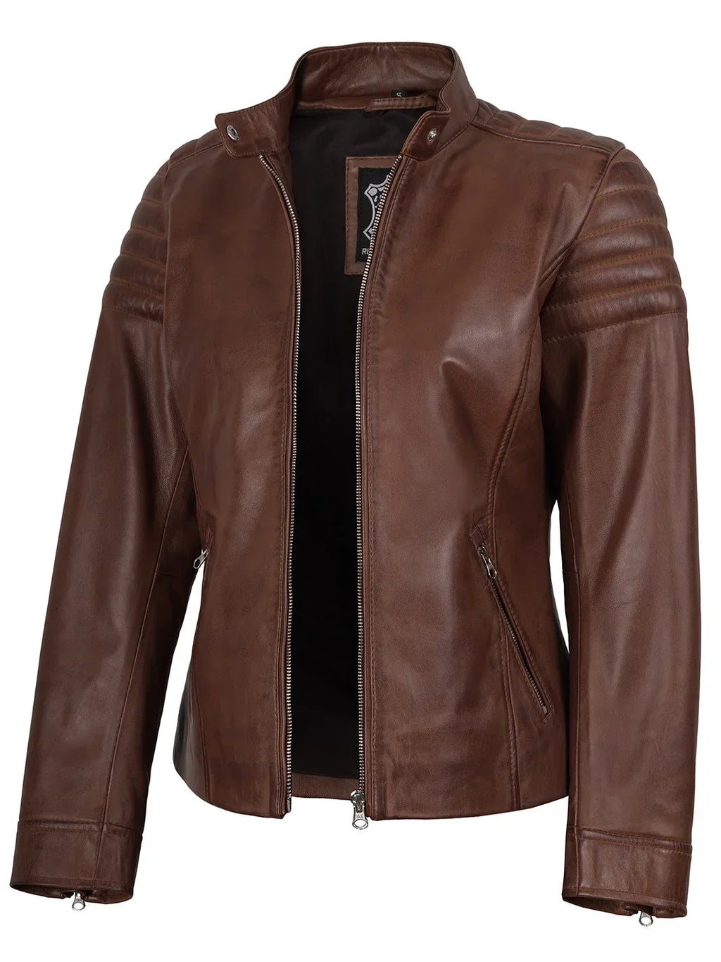 Womens Cognac Brown Cafe Racer Style Leather Jacket - Padded Shoulders