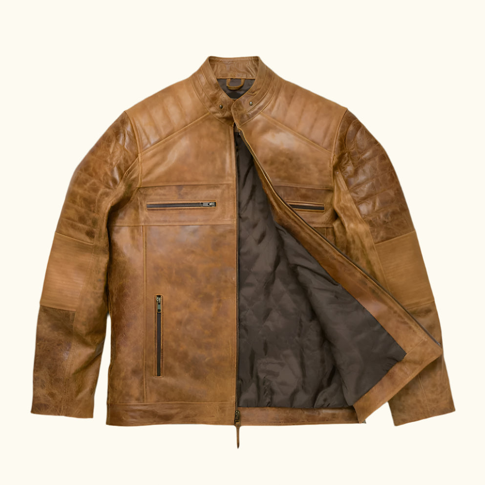 Cafe Racer Leather Jacket | Distressed Tan