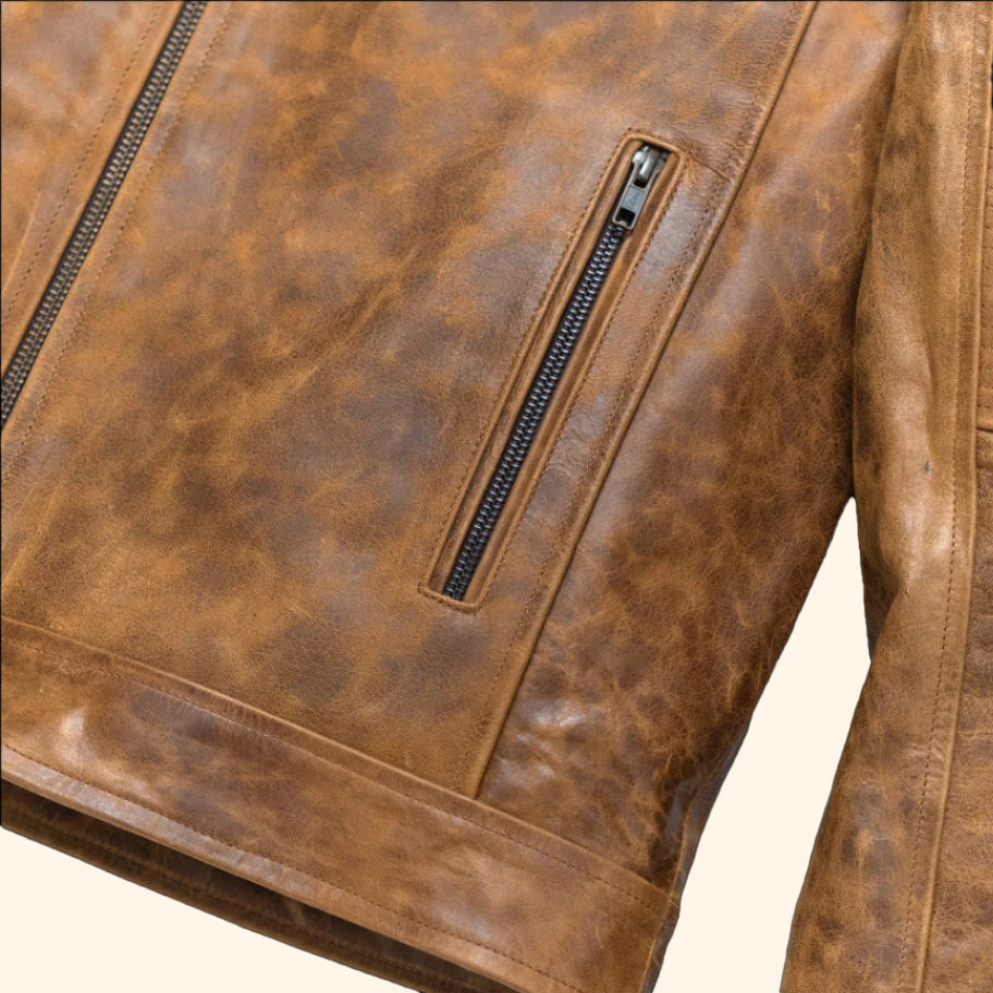 Cafe Racer Leather Jacket | Distressed Tan