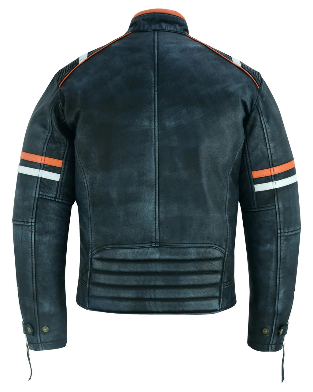 Cafe Racer Orange & White Stripes Black Leather Biker Jacket