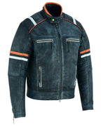 Cafe Racer Orange & White Stripes Black Leather Biker Jacket