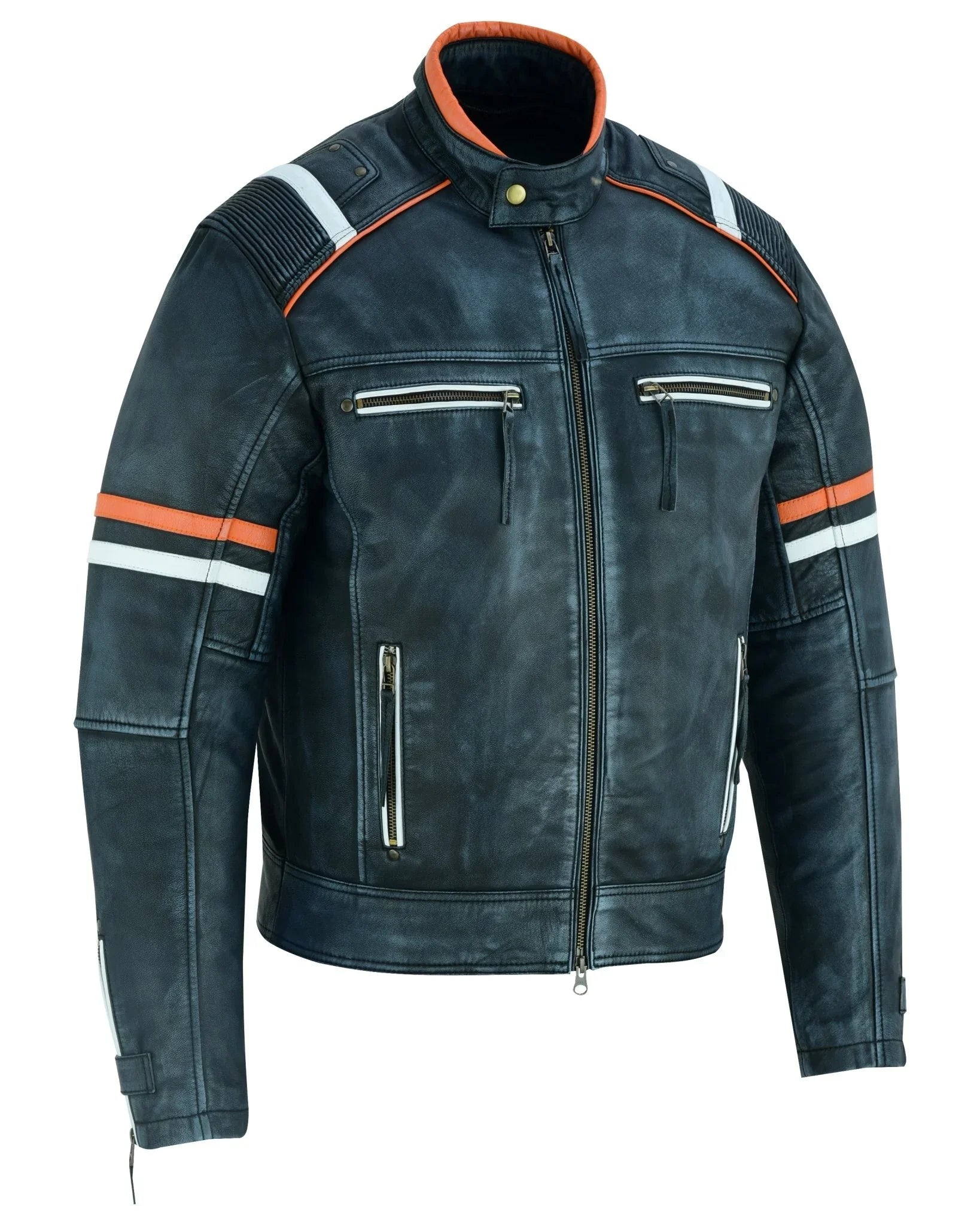 Cafe Racer Orange & White Stripes Black Leather Biker Jacket