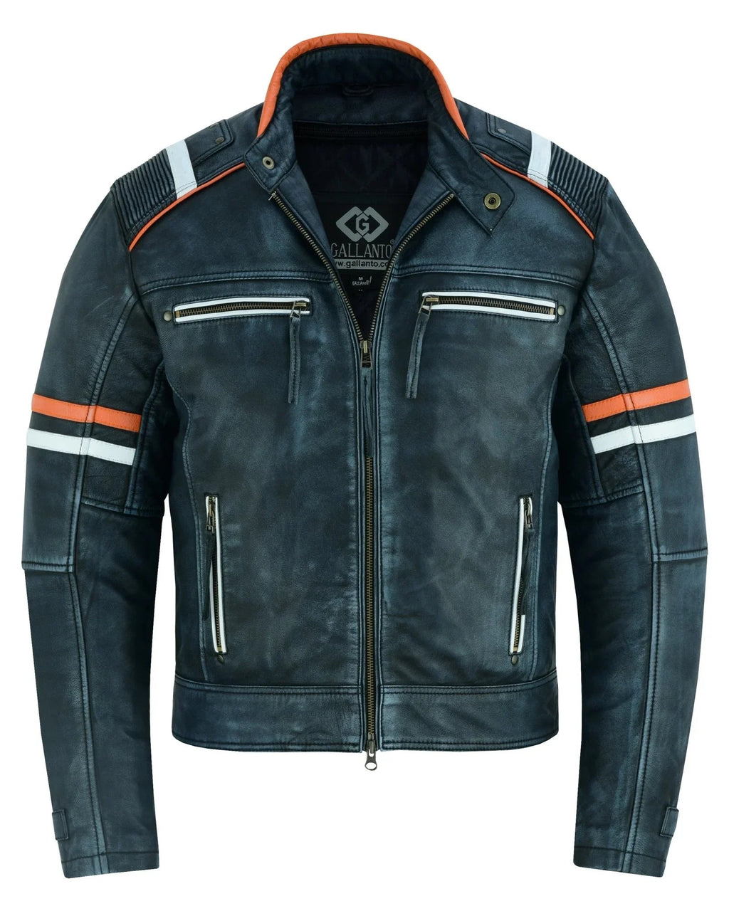 Cafe Racer Orange & White Stripes Black Leather Biker Jacket