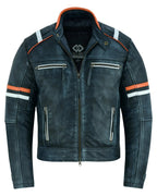 Cafe Racer Orange & White Stripes Black Leather Biker Jacket