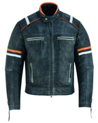 Cafe Racer Orange & White Stripes Black Leather Biker Jacket