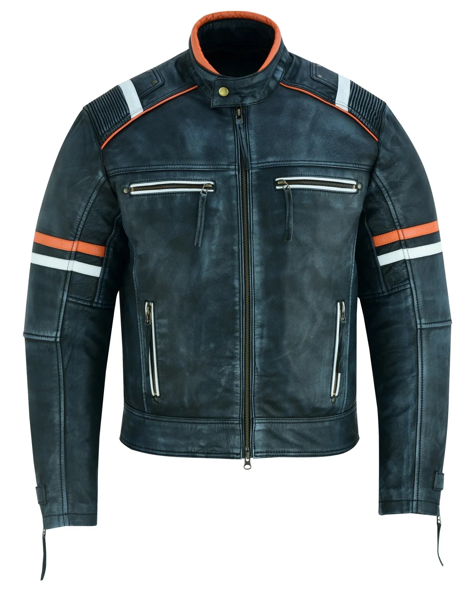 Cafe Racer Orange & White Stripes Black Leather Biker Jacket
