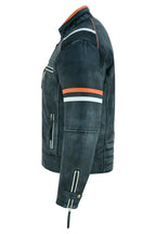 Cafe Racer Orange & White Stripes Black Leather Biker Jacket