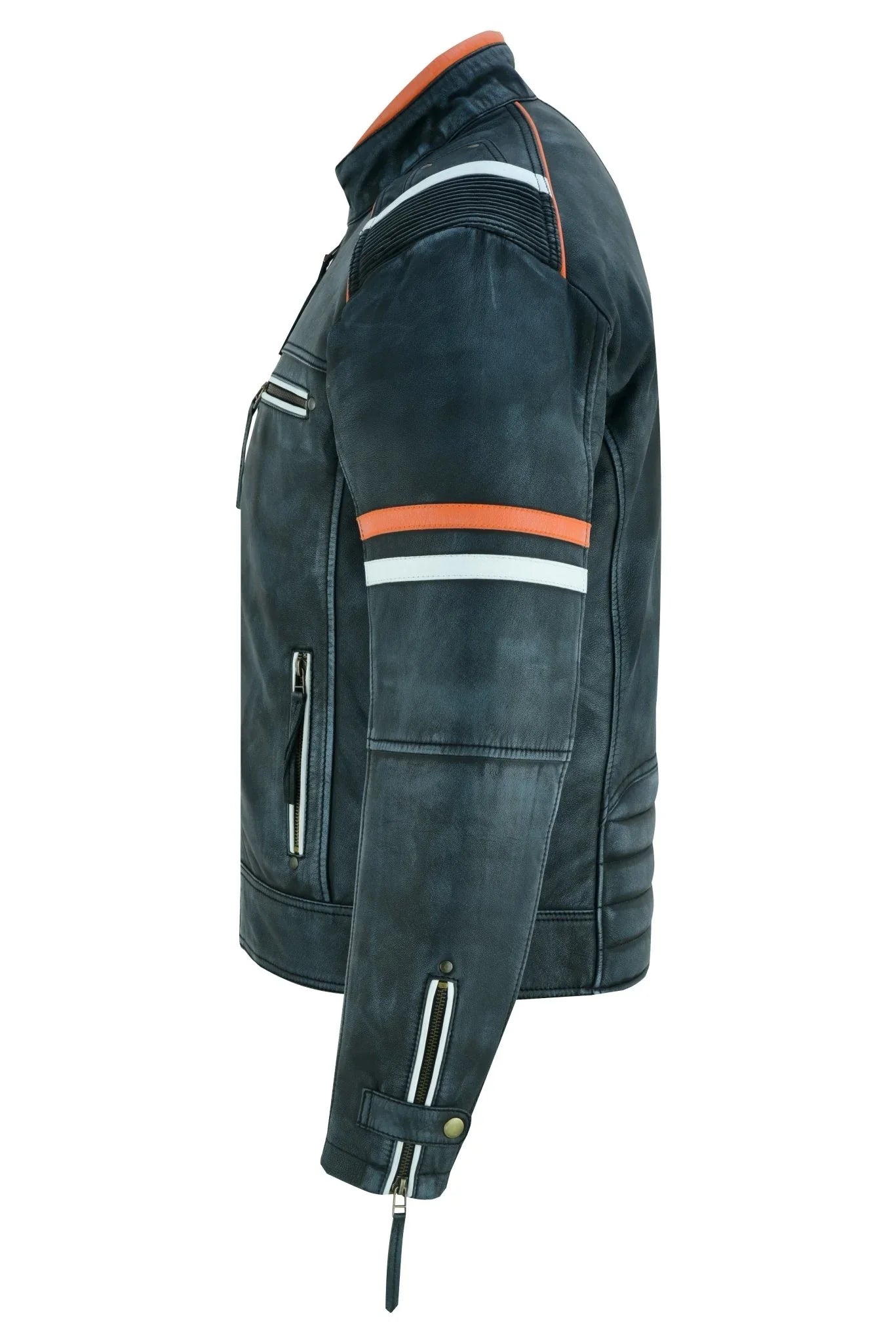 Cafe Racer Orange & White Stripes Black Leather Biker Jacket