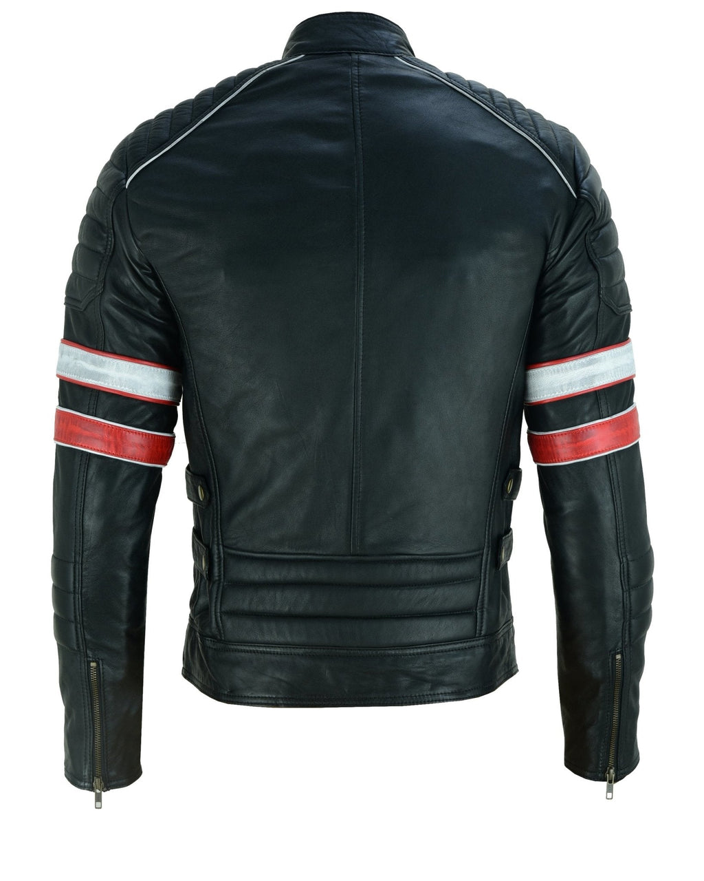 Cafe Racer Striped Black Leather Jacket Motorcycle
