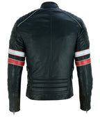 Cafe Racer Striped Black Leather Jacket Motorcycle