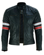 Cafe Racer Striped Black Leather Jacket Motorcycle