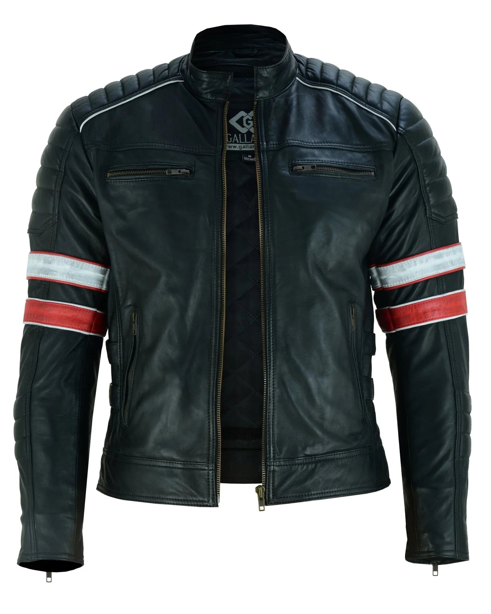 Cafe Racer Striped Black Leather Jacket Motorcycle