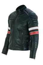 Cafe Racer Striped Black Leather Jacket Motorcycle