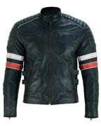 Cafe Racer Striped Black Leather Jacket Motorcycle