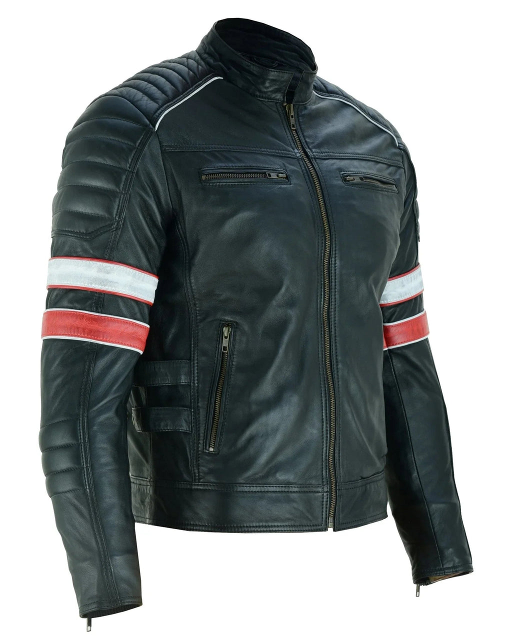 Cafe Racer Striped Black Leather Jacket Motorcycle