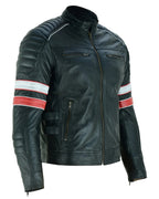 Cafe Racer Striped Black Leather Jacket Motorcycle