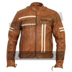 Cafe Racer Vintage Brown Creme Stripe Biker Leather Jacket XS