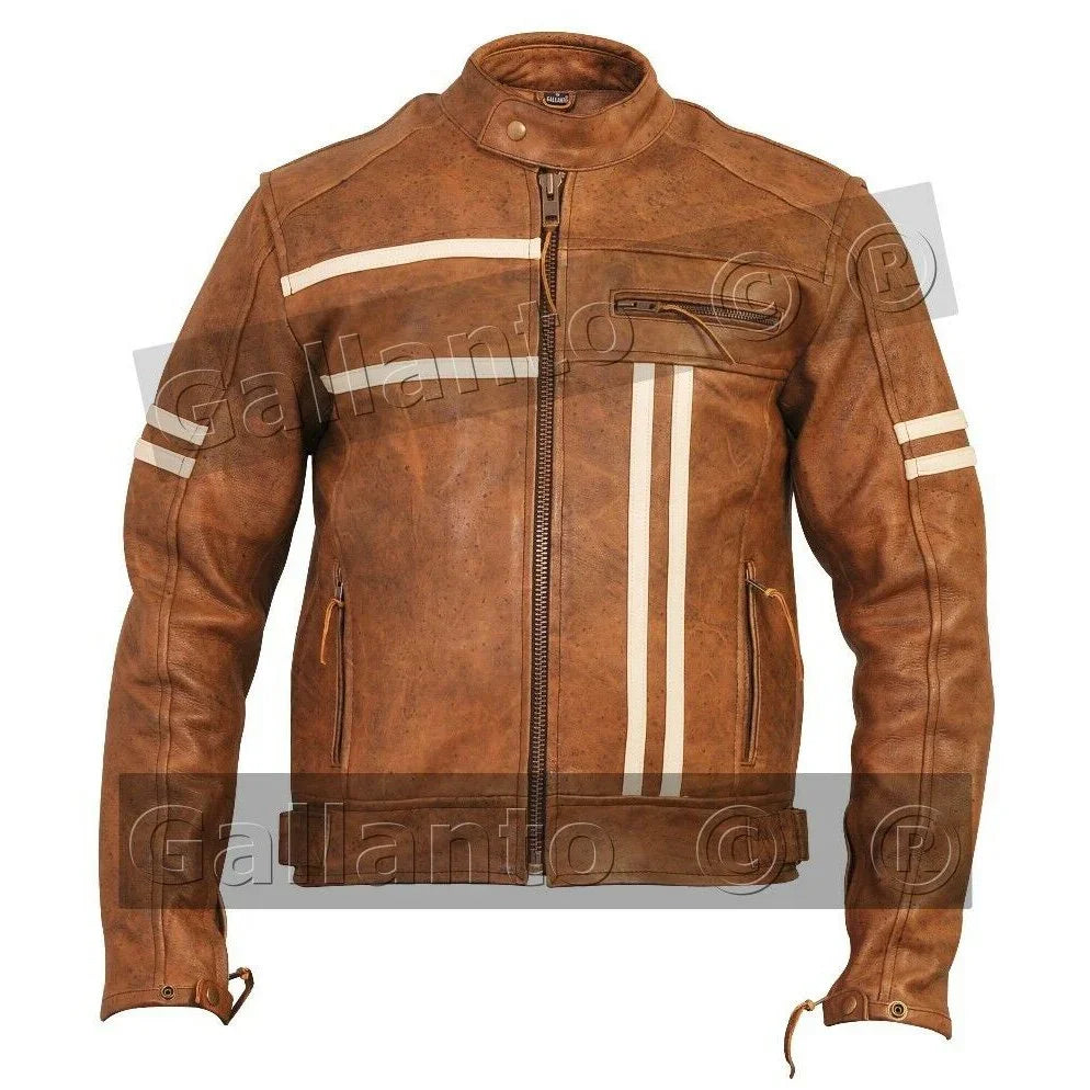Cafe Racer Vintage Brown Creme Stripe Biker Leather Jacket XS