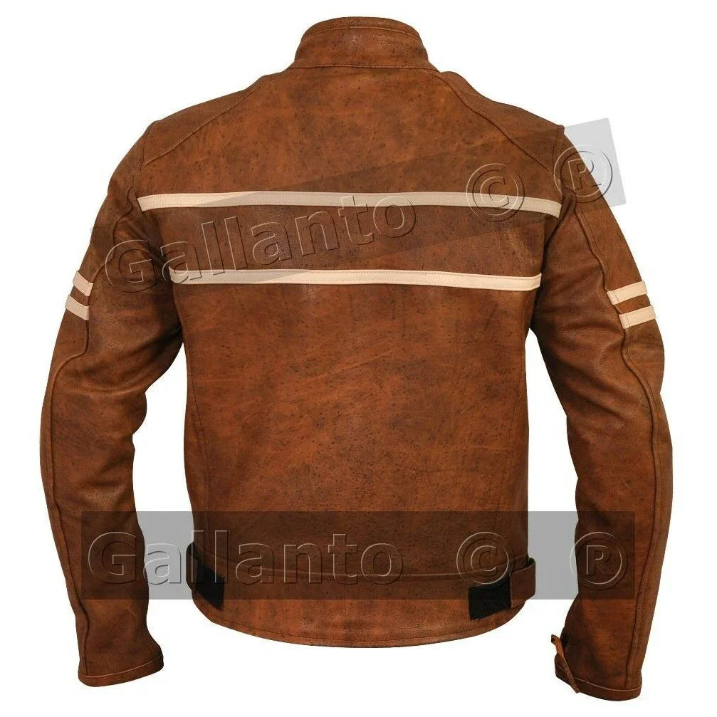 Cafe Racer Vintage Brown Creme Stripe Biker Leather Jacket XS